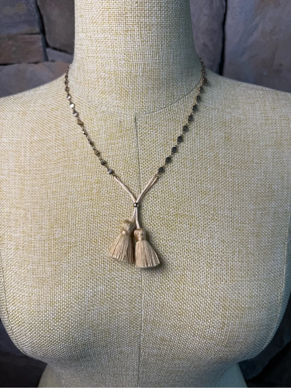 New🌟Free People-Neutral Beige Tassel Necklace with Gold-Tone Chain